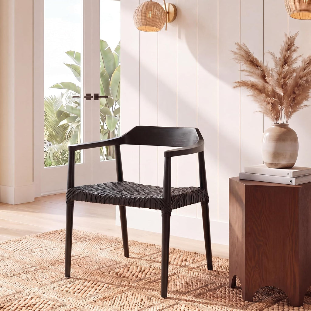SAFAVIEH Home Collection Munro Black Sungkai Wood/Black Leather Woven Accent Chair (Fully Assembled)