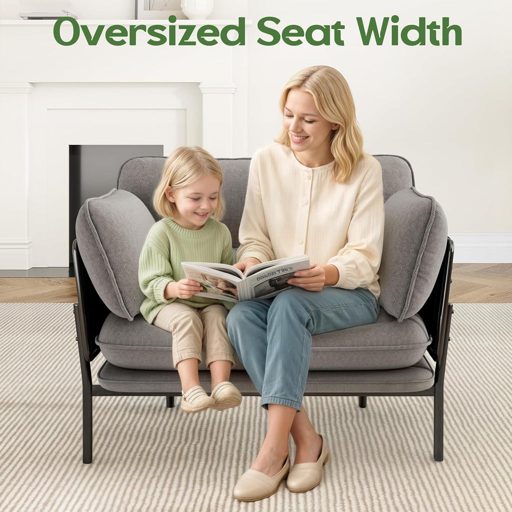 Modern Accent Chairs Set of 2, Oversized Living Room Chairs, Reading Chair with Solid Metal Legs, Fabric Armchair with Side Pockets and 2 Pillows, Accent Chairs for Bedroom, Nursery, Khaki