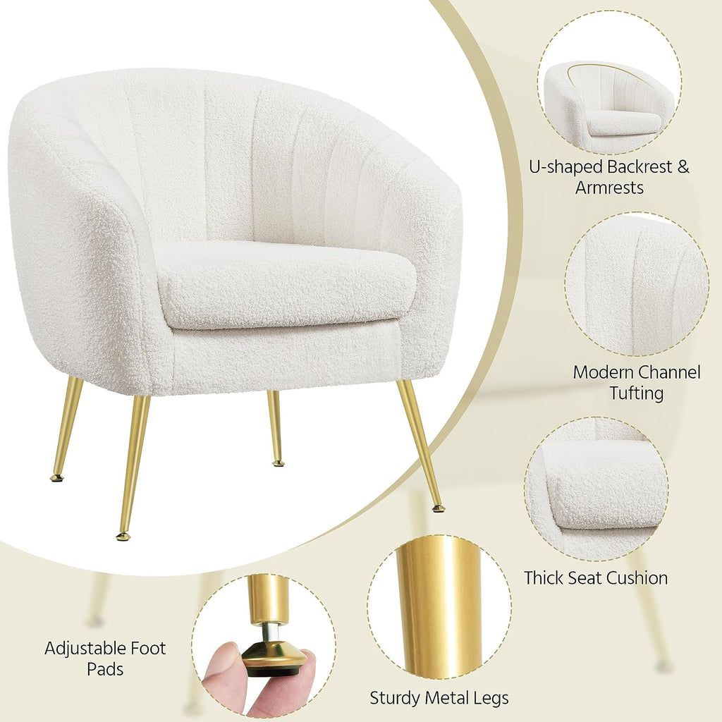 Yaheetech Sherpa Fabric Accent Chair, Modern Cozy Vanity Chair with Gold Metal Legs, Boucle Fabric Armchair with Removable Seat Cushion for Living Room Bedroom Office Guest Room, Ivory