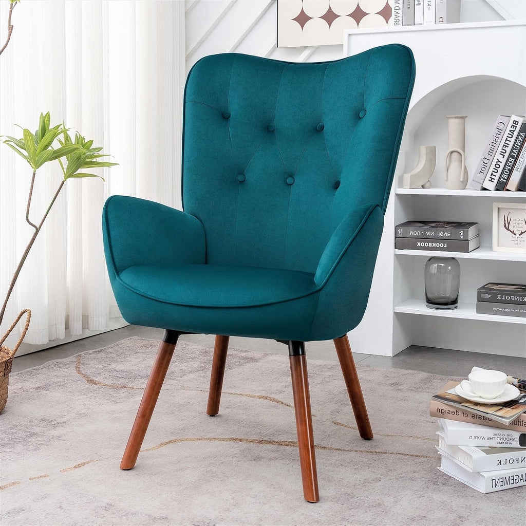Container Furniture Direct Chic Accent Arm Chairs for Living Room, Bedroom, or Home Office, Button-Tufted Midcentury Armchair with Wingback Design and Splayed Legs, Greynish Blue