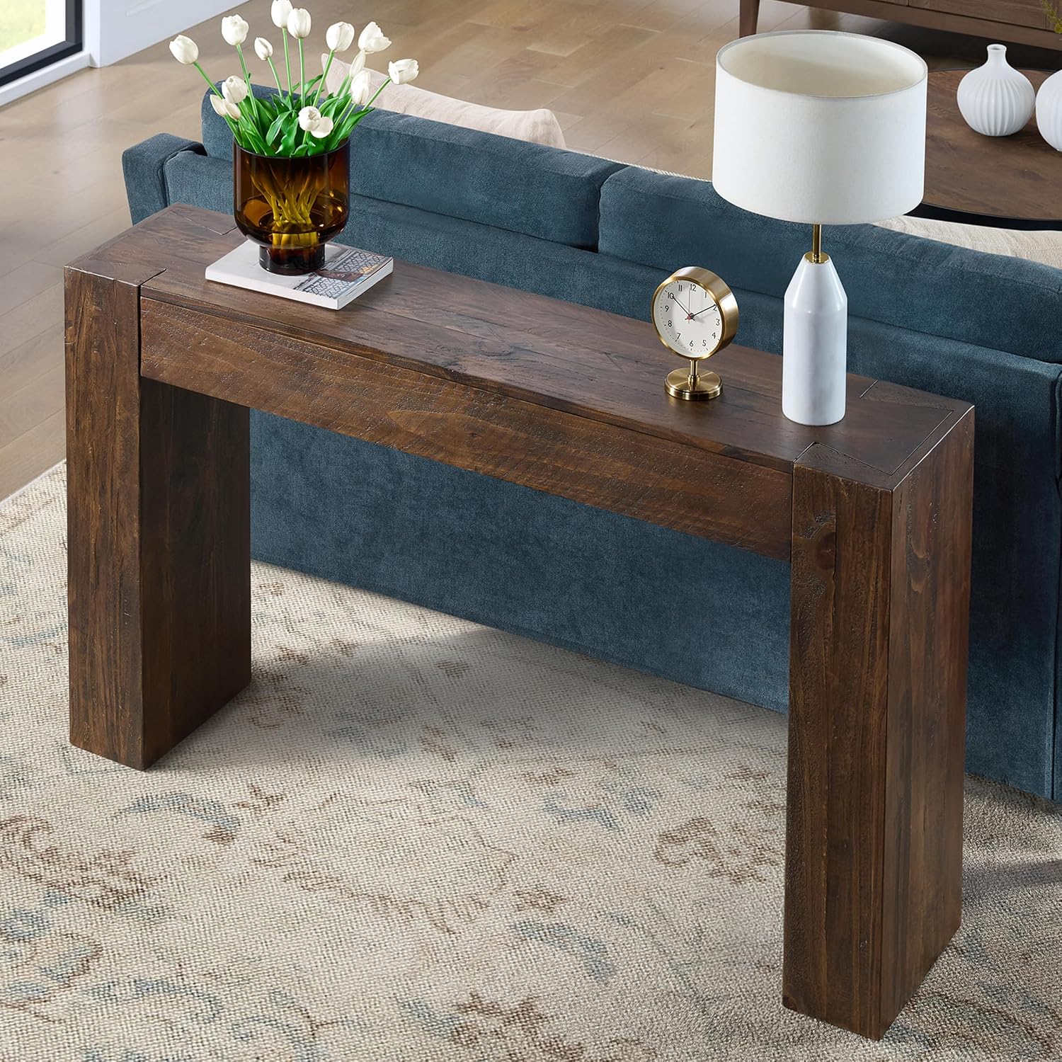 Alaterre Furniture Stockyard Solid Wood Console Table - 56 Inch Modern Farmhouse Entryway Table - Easy Assembly Living Room Furniture for Behind The Couch, Entryway, or Hallway (Brown)