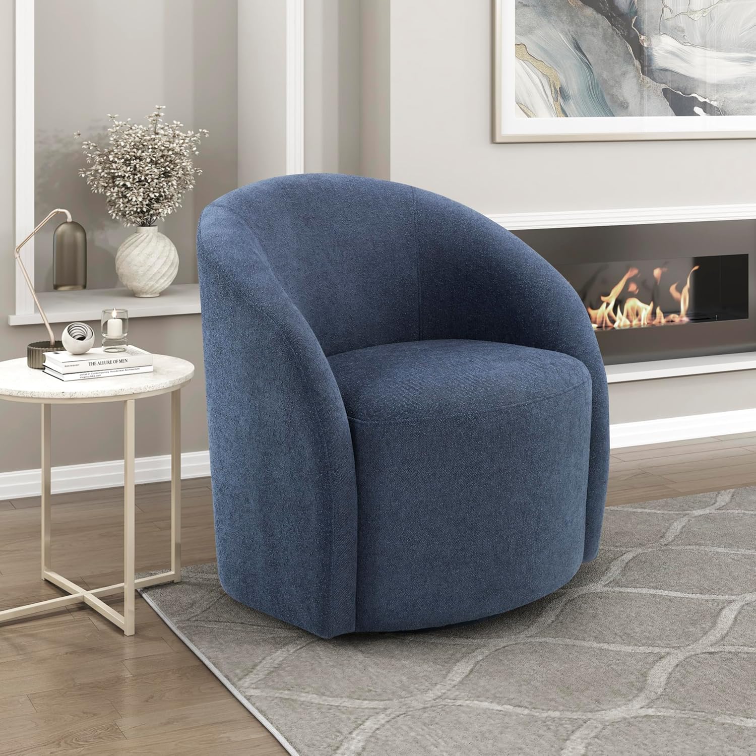 Lexicon 360 Degree Swivel Accent Chair, Boucle Fabric Arm Chair with Metal Swivel Base and Sloped Arms for Living Room/Bedroom/Office, Blue