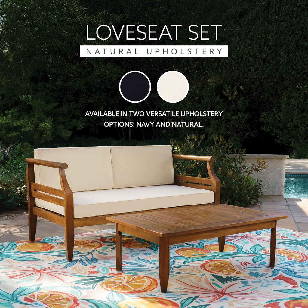 Linon Harbor Oiled Acacia Wood Two Piece Outdoor Set with Revmoable Cream Cushions Includes Loveseat and Coffee Table