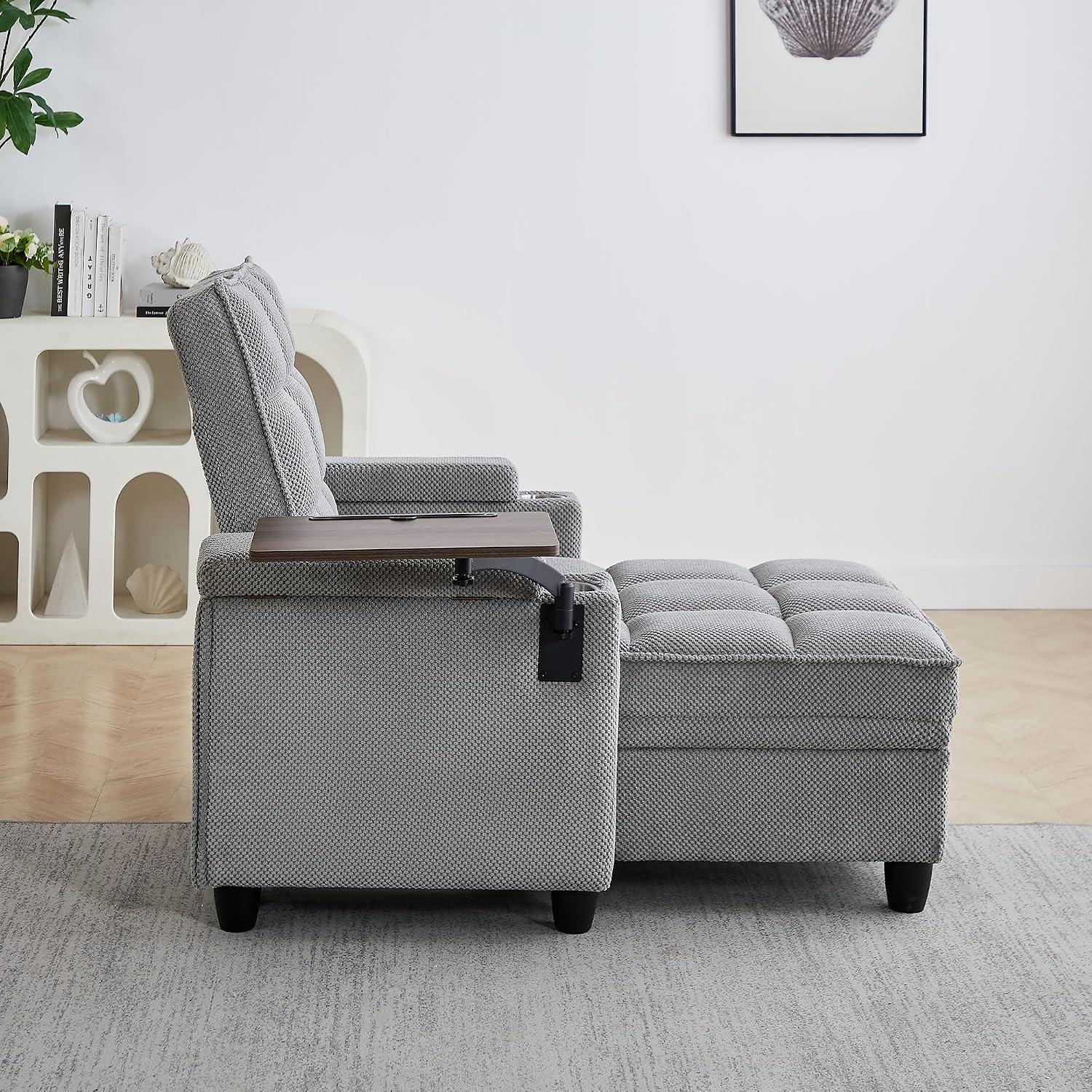 Eafurn 6-Position Adjustable Convertible Chaise Lounge Sleeper Chair with Storage, Modern Recliner Armchair with Swivel Tray Table & USB Port, Multi-Functional Tufted Accent Chair for Small Space