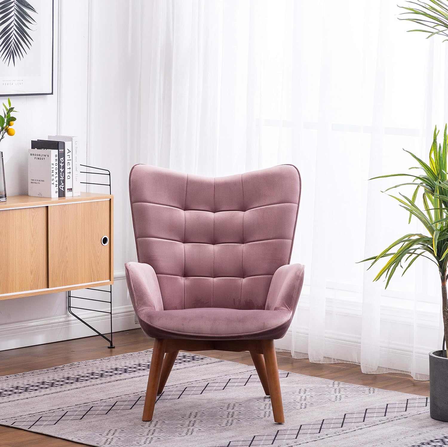 Roundhill Furniture Leiria Contemporary Silky Velvet Tufted Accent Chair with Ottoman, Mauve