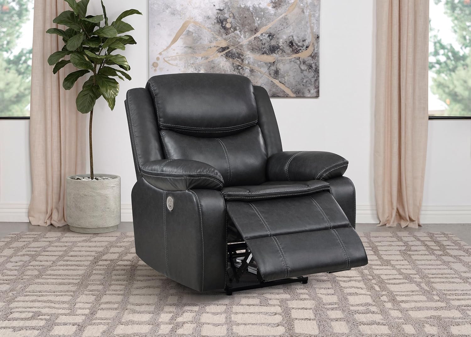 Coaster Home Furnishings - Sycamore - Faux Leather Upholstered Power Recliner Chair with Built-in USB Port, Contour Tufting and Control Panel - Living Room - Dark Gray - 610233P
