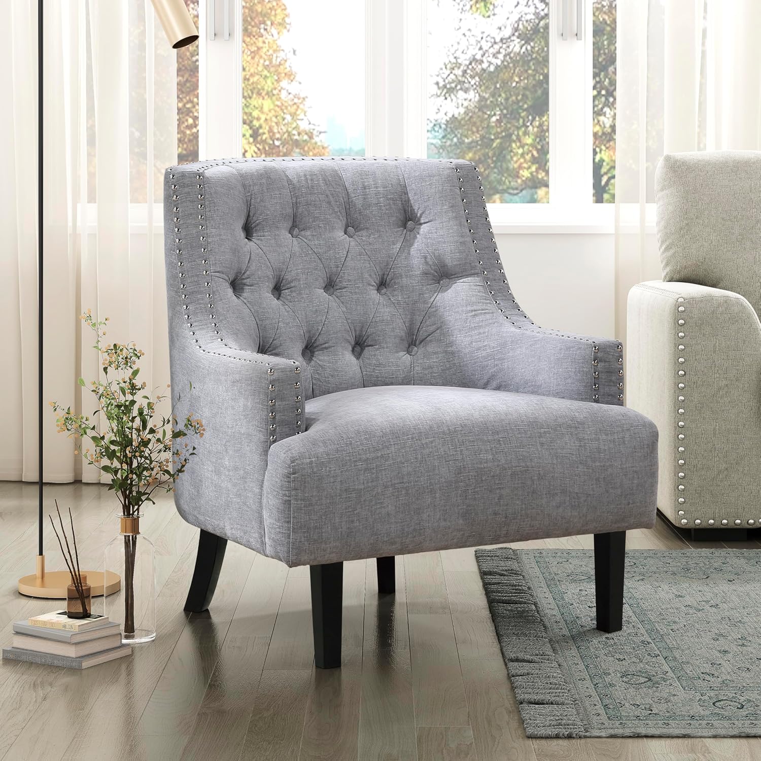 Lexicon Accent Chair Reading Chair Comfy Chair for Bedroom, Upholstered Armchair with Solid Wood Frame, Tufted Cushion Nail Head Trim, Single Sofa Chair for Living Room, Office, Grey Chenille