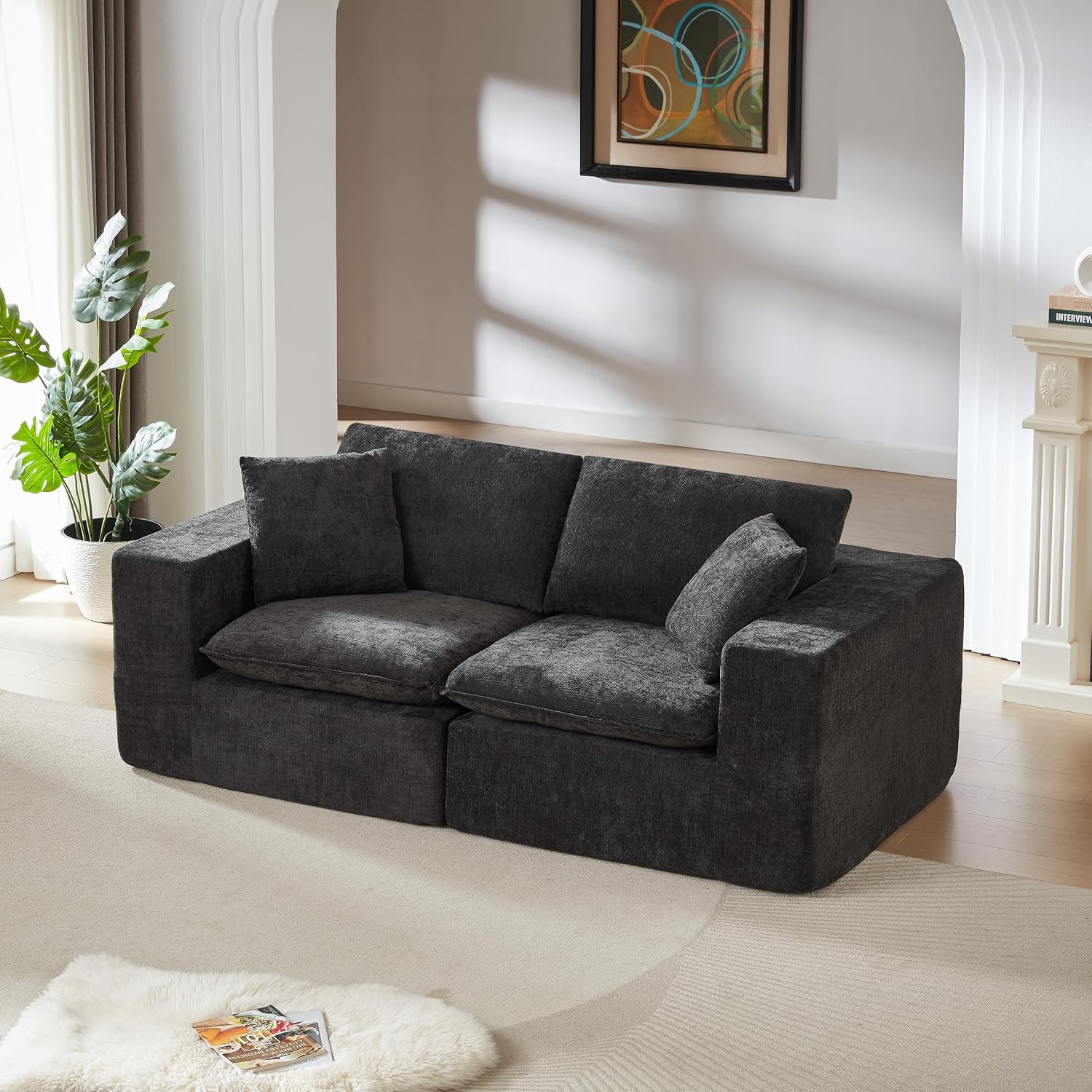 78-Inch Boneless Love Seat Couches in a Box, Modern 2 Seat Floor Modular Foam Cloud Sofa Chenille Loveseat Couch W/Wide Square Armrests for Home Apartments Bedroom