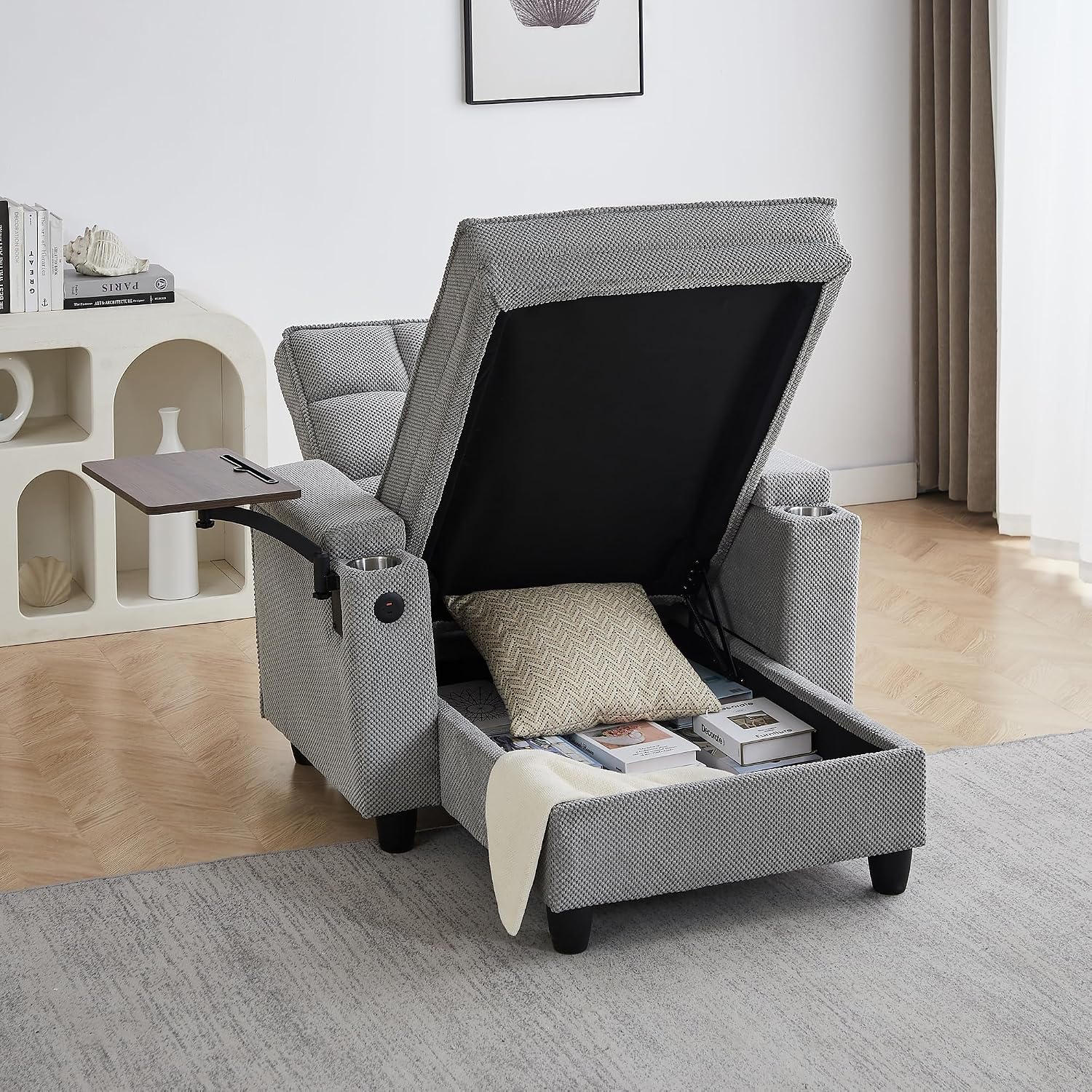 Eafurn 6-Position Adjustable Convertible Chaise Lounge Sleeper Chair with Storage, Modern Recliner Armchair with Swivel Tray Table & USB Port, Multi-Functional Tufted Accent Chair for Small Space