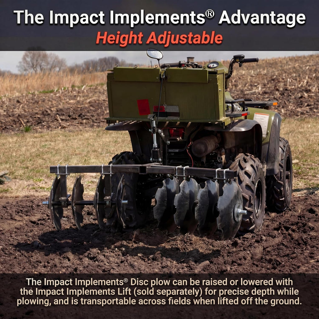 IMPACT IMPLEMENTS® Disc Plow Harrow with Weight Tray for ATV/UTV/Garden Tractors. Prep Soil, Cut Weeds & Clear Crop Remains.