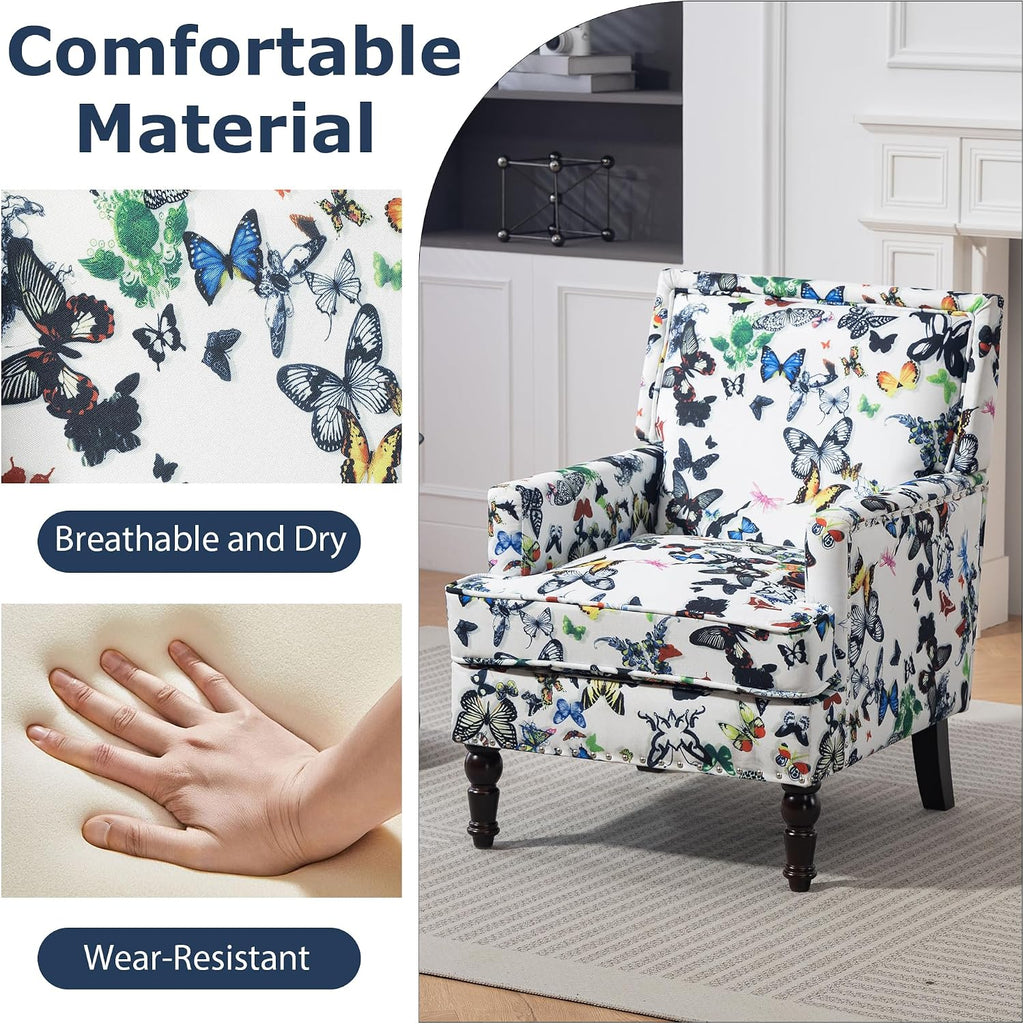 Accent Chair, Modern Comfy Mid-Century Accent Chairs, Linen Upholstered Wingback Lounge Arm Chair with Solid Wood,Single Floral Pattern Sofa Chair for Living Room/Office/Balcony/Bedroom