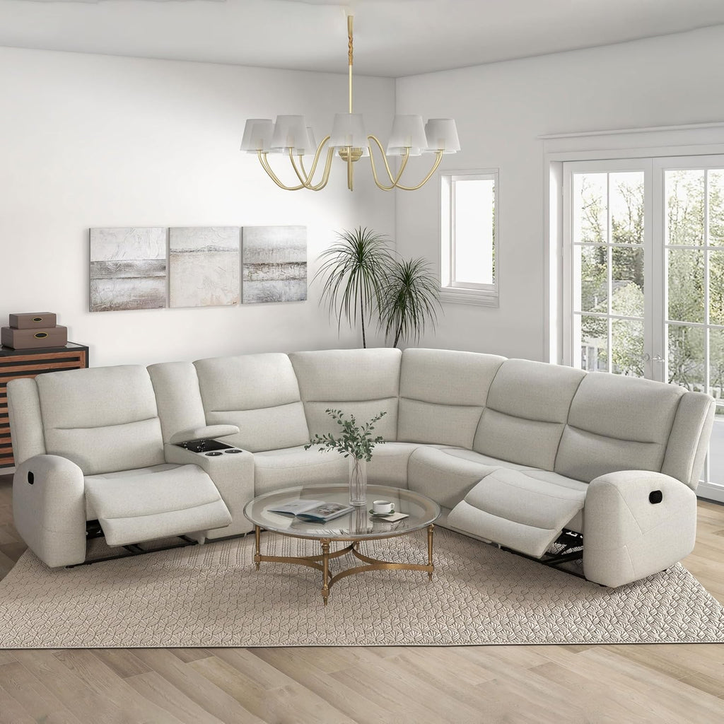 Furniture of America Muriel Modern Fabric Reclining Sofa with Center Console, Cup Holders and Arm Storage, Comfy U Shape Sectional Couch for Living Room, Office, Bedroom, Beige