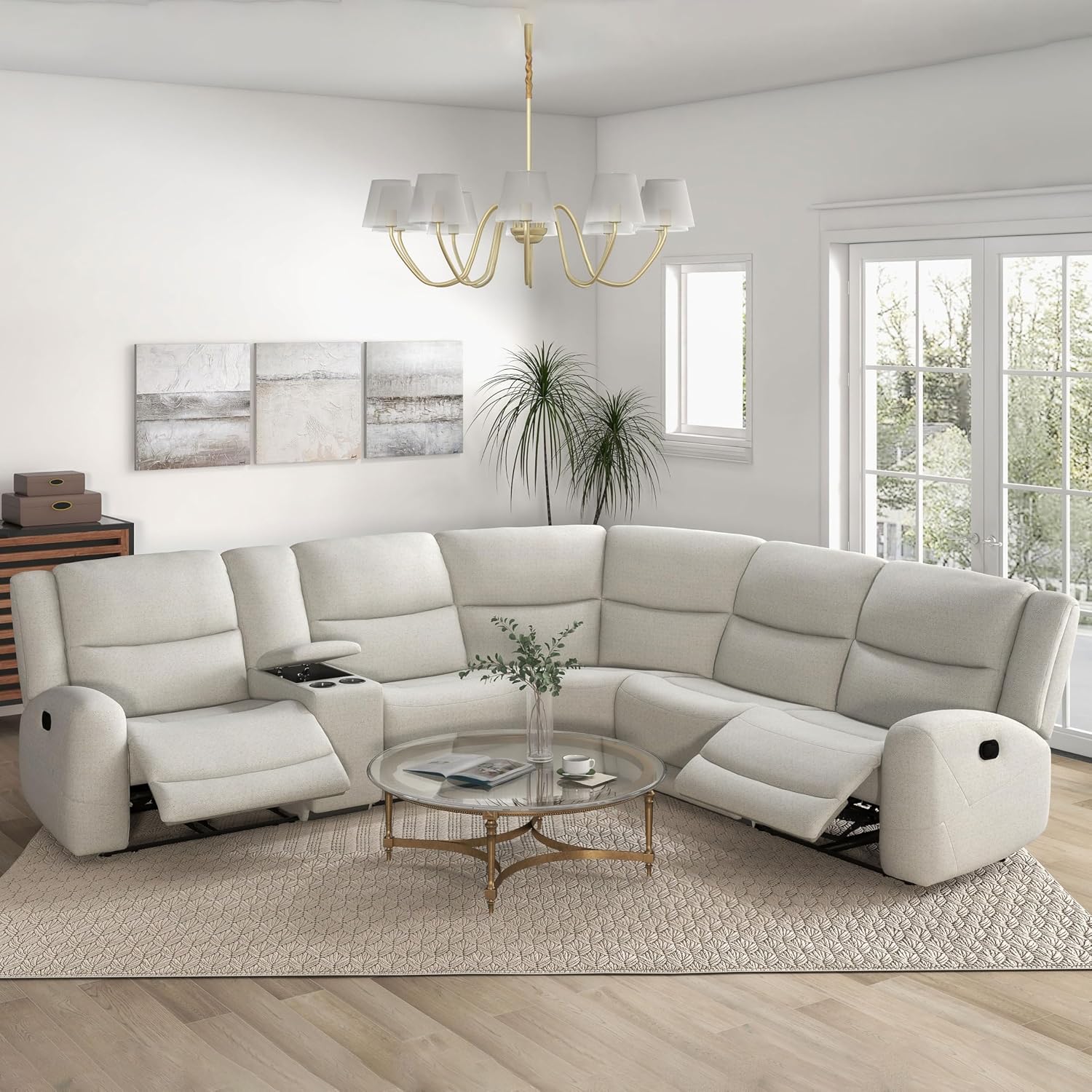 Furniture of America Muriel Modern Fabric Reclining Sofa with Center Console, Cup Holders and Arm Storage, Comfy U Shape Sectional Couch for Living Room, Office, Bedroom, Beige