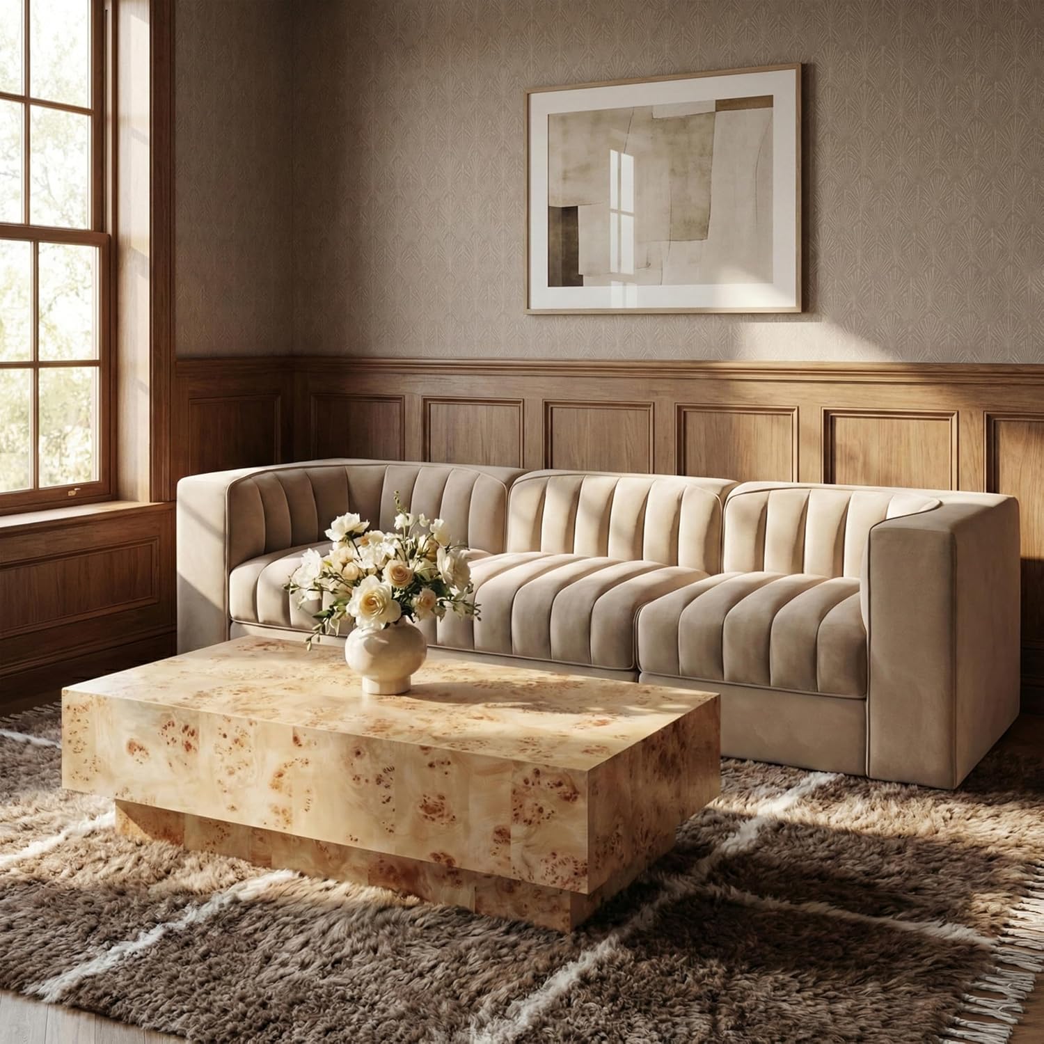 Meridian Furniture 99015Burl-CT Otto Collection Mid-Century Modern Coffee Table with Ash Burl Wood Veneer, Natural Burl Finish, 52' W x 29' D x 14' H, Natural