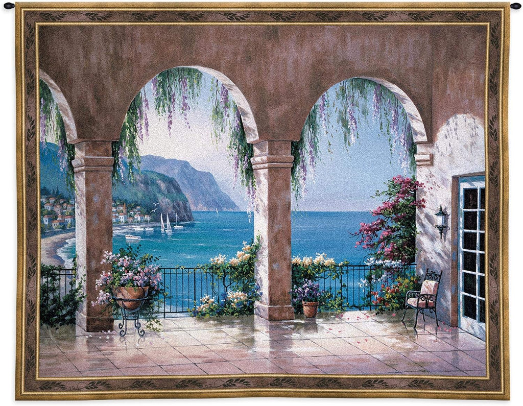 Mediterranean Arch | Woven Tapestry Wall Art Hanging | Floral Seaside Ocean View | 100% Cotton USA Size 53x42