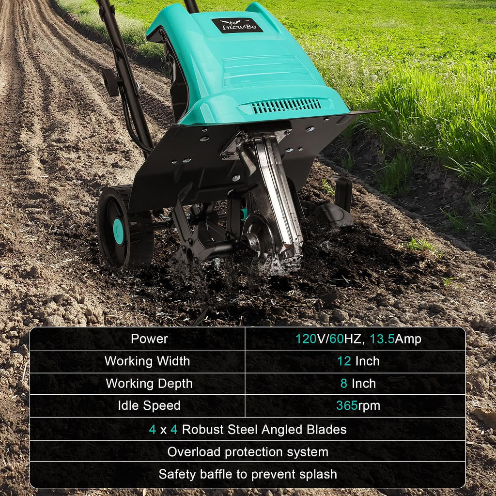 IncwBo 13.5 Amp 12 Inch Electric Tiller/Cultivator with 4 Steel Tines, 8'' Tilling Depth Small Garden Tiller for Gardening, Corded Rototiller with Adjustable Wheels
