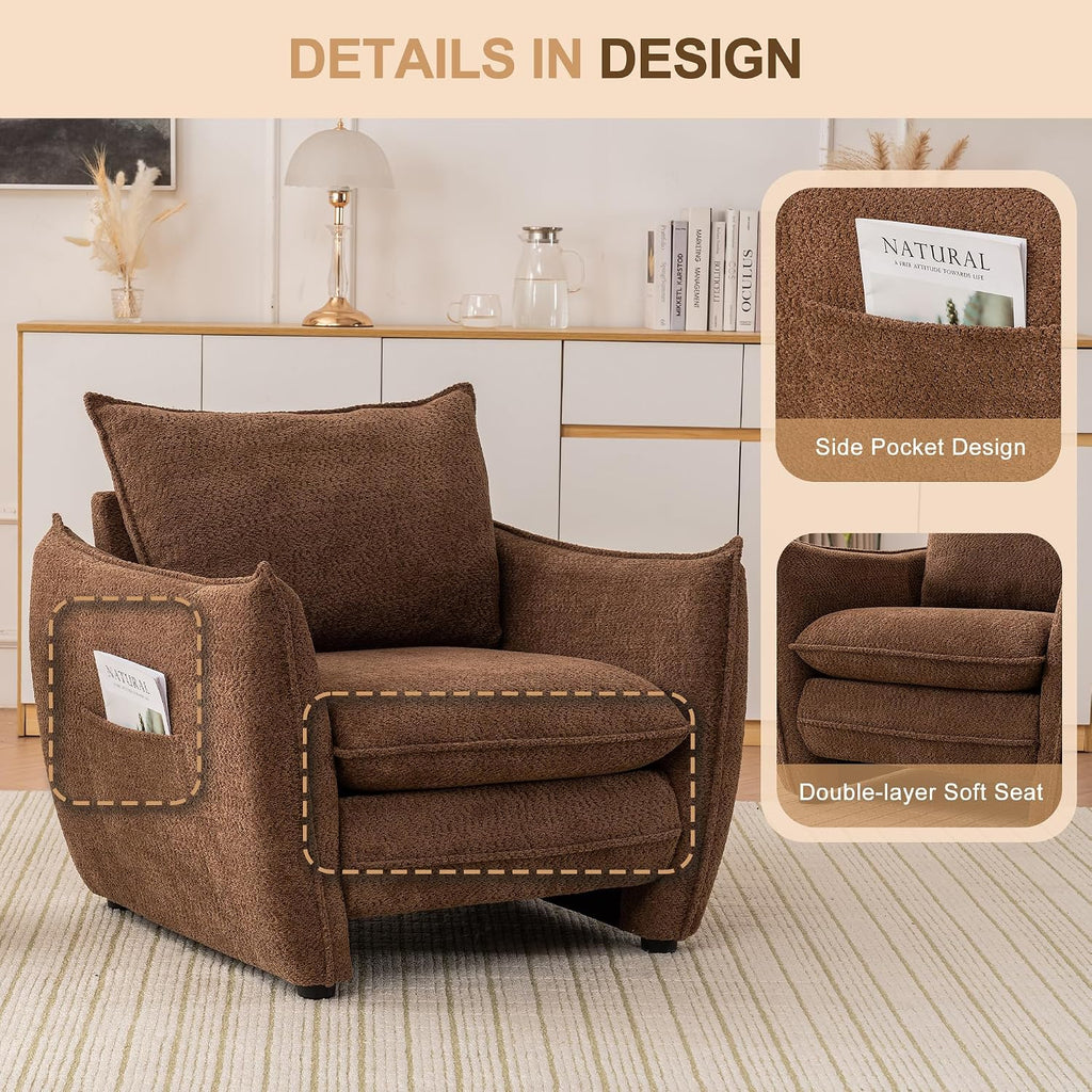 Oversized Accent Chair, Modern Single Sofa Cloud Chair with Removable Pillow, Deep Seat Comfy Armchair for Living Room Bedroom Reading Nook - Upholstered Lounge Chair (Brown)