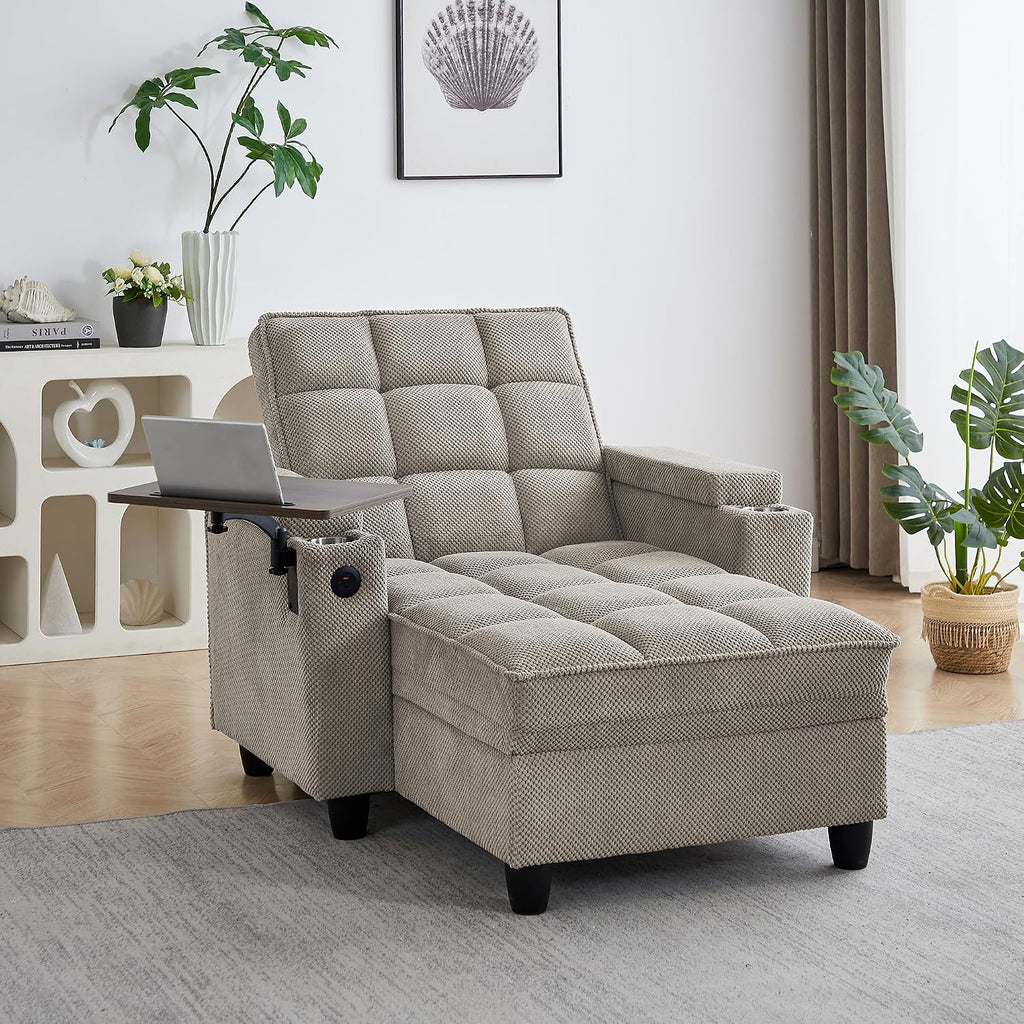 Eafurn Convertible Chaise Lounge Sleeper Chair with Storage and 6-Position Reclining Backrest,Modern Tufted Recliner Lounge Chaise Chair with Swivel Tray Table & USB Port for Living Room