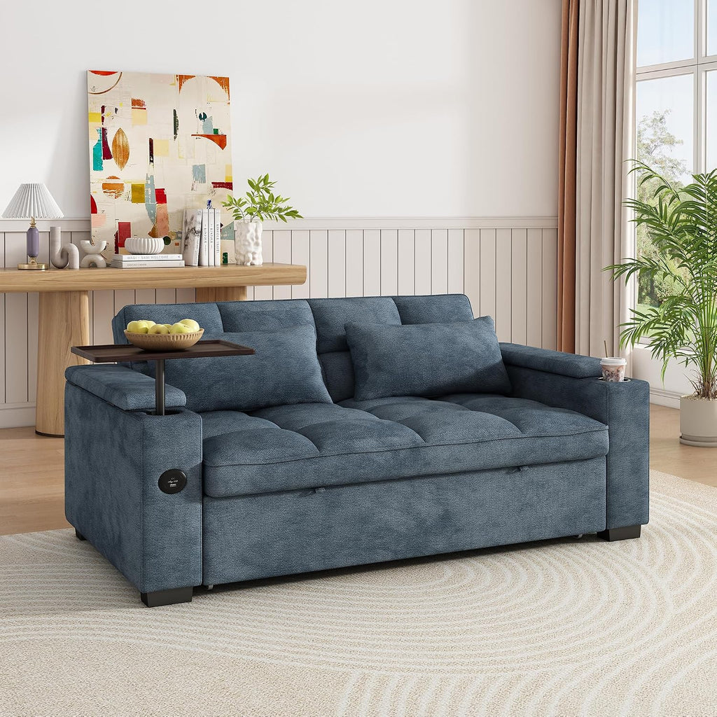 KEIKI 65' 3-in-1 Convertible Sofa Bed, Space-Saving Pull-Out Sleeper Couch with 90° Swivel Side Table, USB & Type-C Charging Ports, Hidden Storage, Modern Futon Sofa for Apartments & Small Spaces