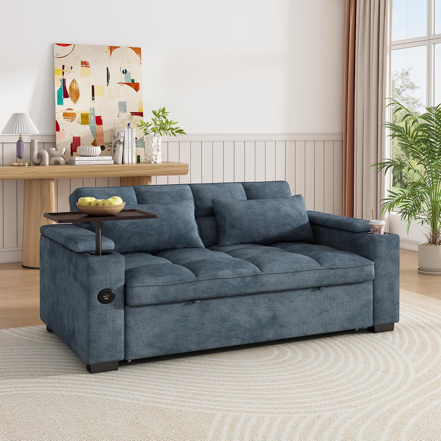 KEIKI 65' 3-in-1 Convertible Sofa Bed, Space-Saving Pull-Out Sleeper Couch with 90° Swivel Side Table, USB & Type-C Charging Ports, Hidden Storage, Modern Futon Sofa for Apartments & Small Spaces