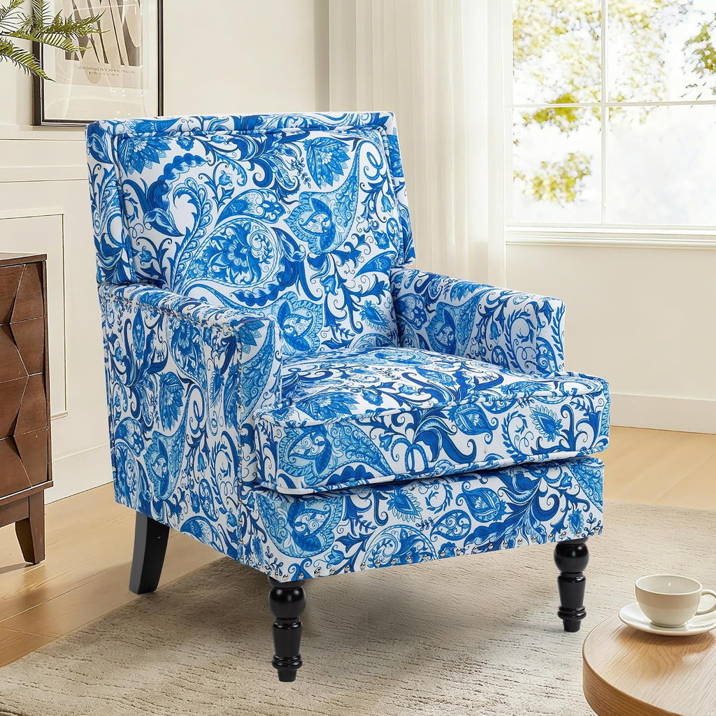 Accent Chair, Modern Comfy Mid-Century Anthropologie Accent Chairs, Linen Upholstered Wingback Lounge Arm Chair with Solid Wood,Single Floral Pattern Chair for Living Room/Balcony/Bedroom
