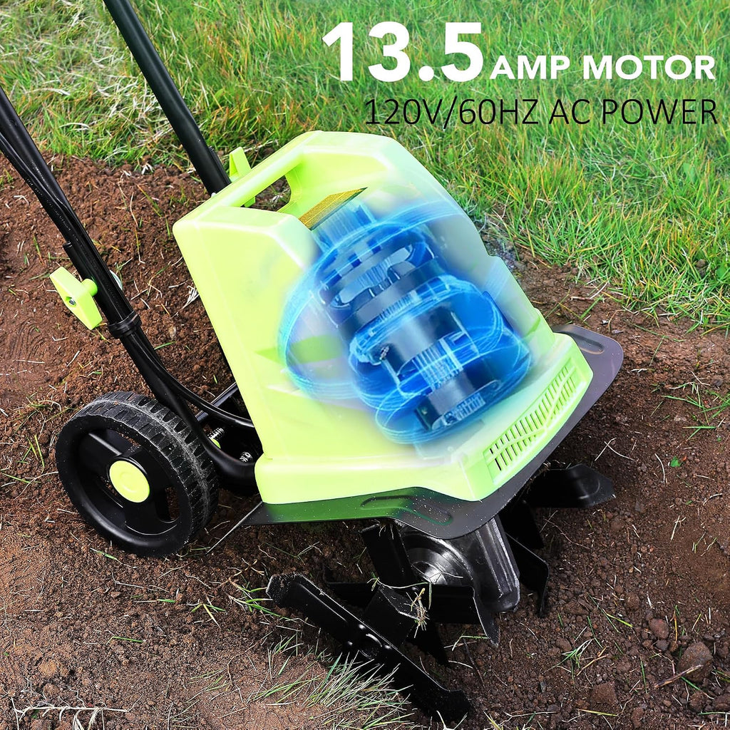 12 Inch Small Electric Corded Garden Tiller Cultivator 13.5 AMP Power Rototiller for Gardening with Adjustable Wheels