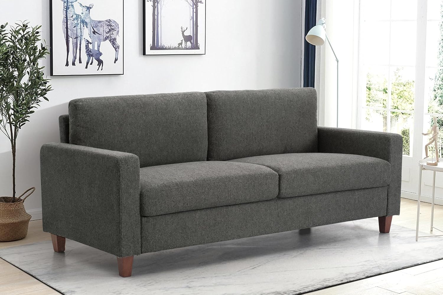 Container Furniture Direct Miles Mid Century Modern Couch for Small Spaces, Living Rooms, Apartments, and Condos, 3 Seater Sofa with Reversible Back Pillows, 77' Wide, Grey