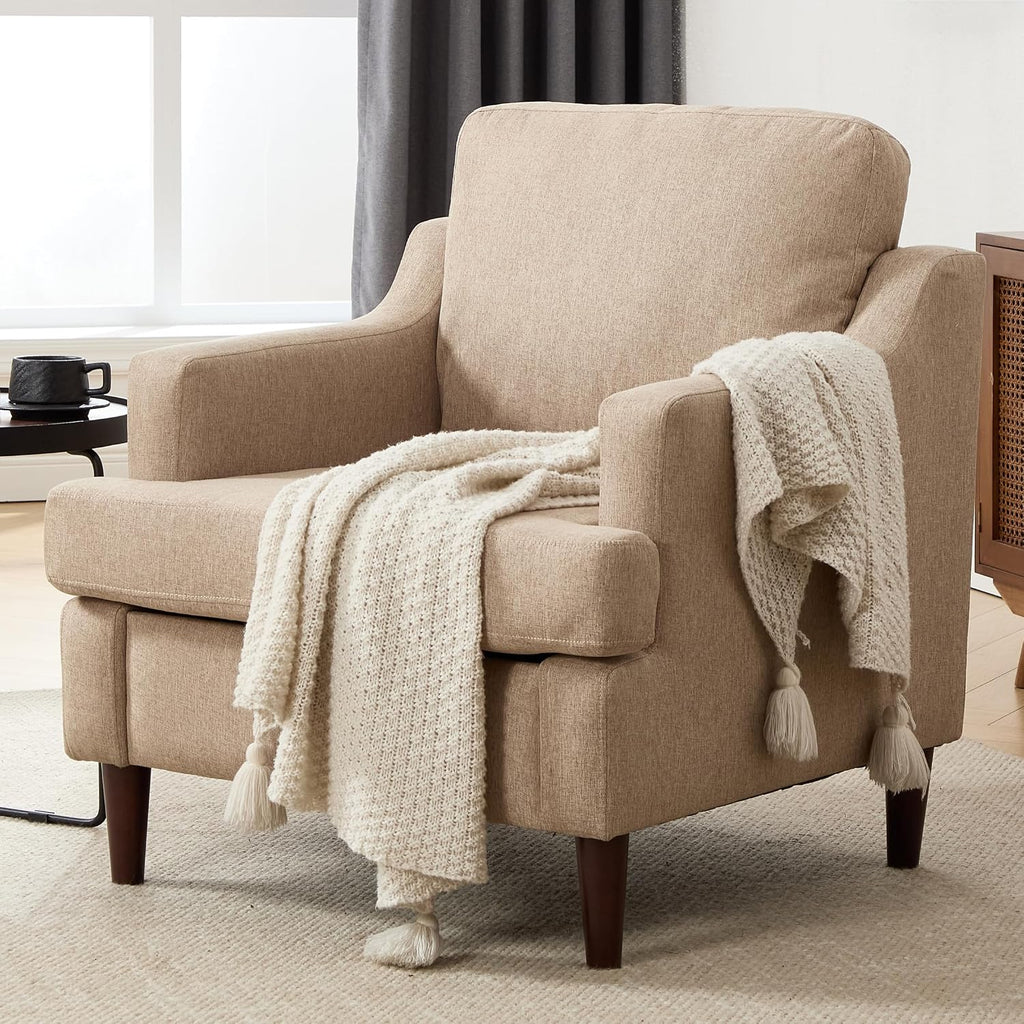 Ketaiyou Mid-Century Accent Chair Modern Linen Fabric Armchair for Living Room,Comfy Upholstered Reading Chairs for Bedroom,Single Sofa Chair with Wood Legs (Khaki, Set of 2)