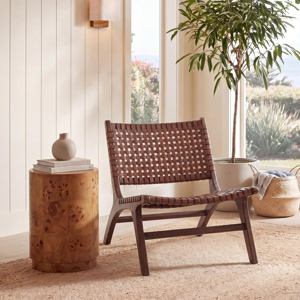 SAFAVIEH Home Collection – Luna Brown & Cognac Leather Woven Accent Chair, Solid Wood Frame, Contemporary Lounge Chair, Fully Assembled (ACH1002B)