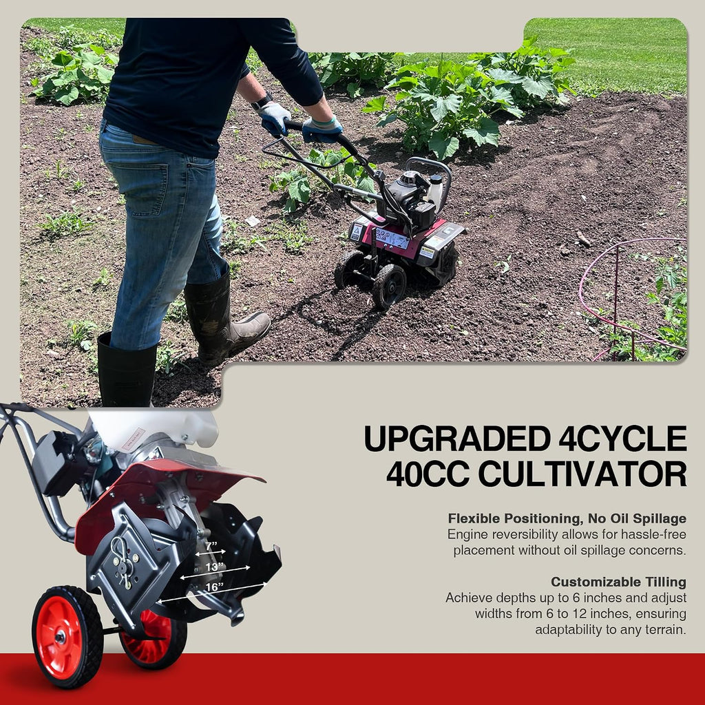 GardenTrax Upgraded Tiller 40cc 4-Cycle Multi-Function Mini Cultivator w/6 Durable Steel Tines