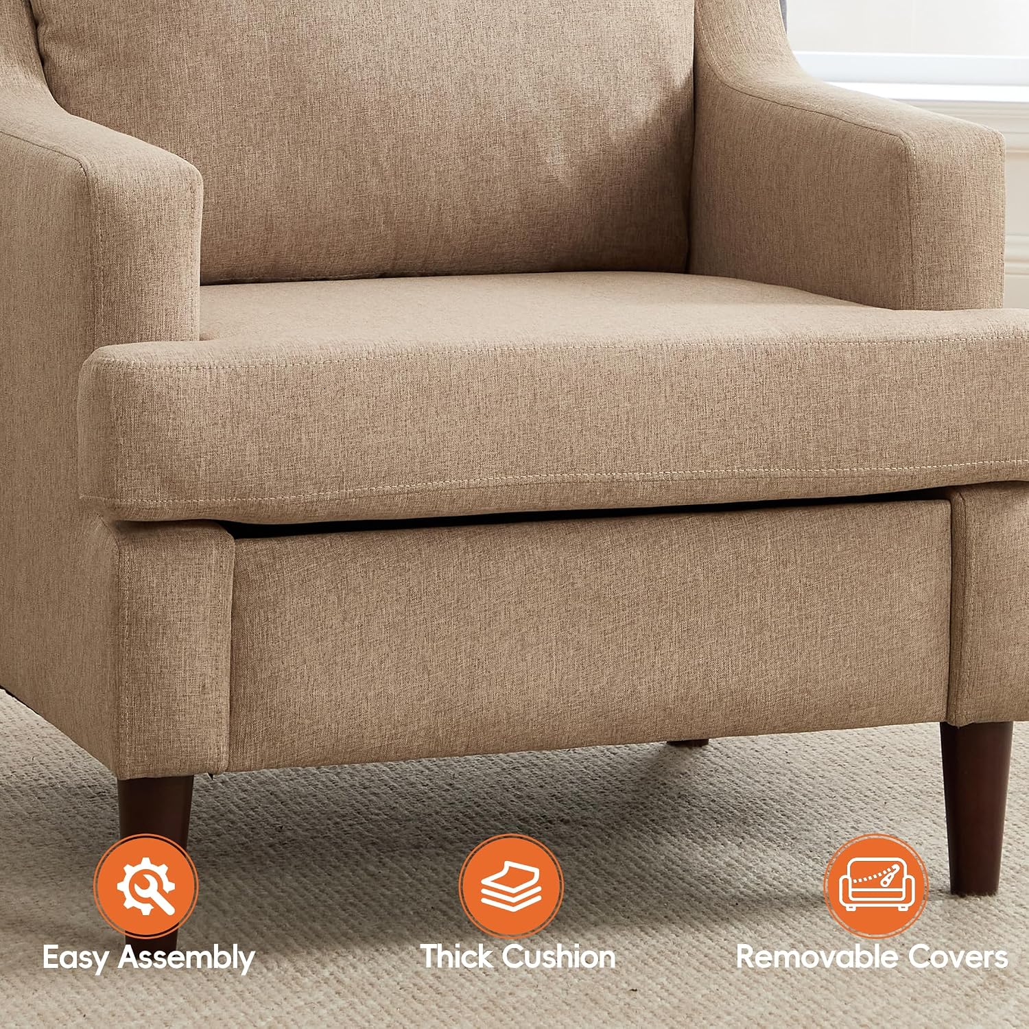 Ketaiyou Mid-Century Accent Chair Modern Linen Fabric Armchair for Living Room,Comfy Upholstered Reading Chairs for Bedroom,Single Sofa Chair with Wood Legs (Khaki, Set of 1)