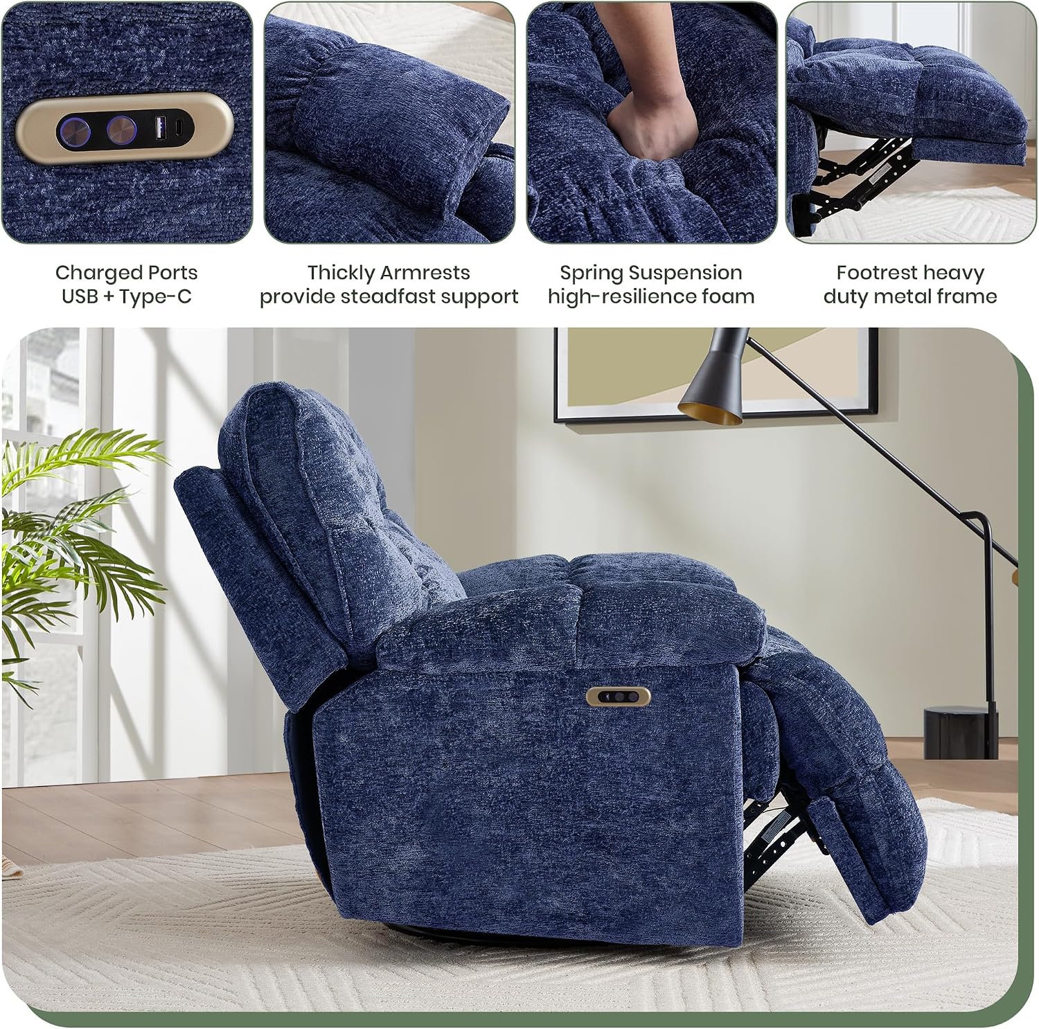 Rocker Recliner Chair 42' Power Swivel Recliner for Living Room Overstuffed Extra Wide Rocking Recliners with Breathable Soft Fabric Up to 400lbs(Eletric Blue)