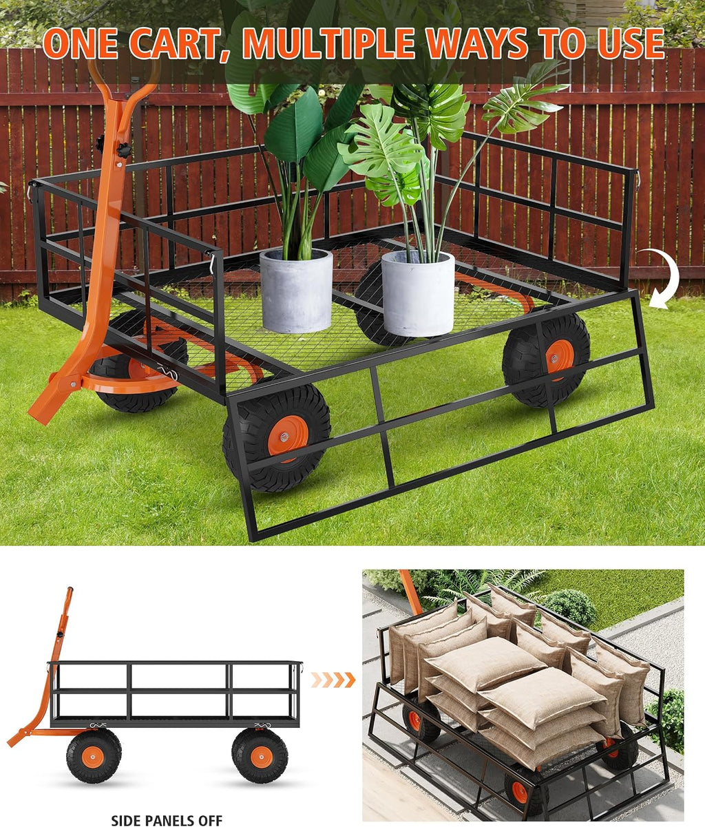 GarveeLife Heavy Duty Steel Garden Cart, 1200 LBS Capacity 3 in 1 Pullable Garden Wagon with 13 in Wheels, for Gardening Soil, Tools, and Plant Transport