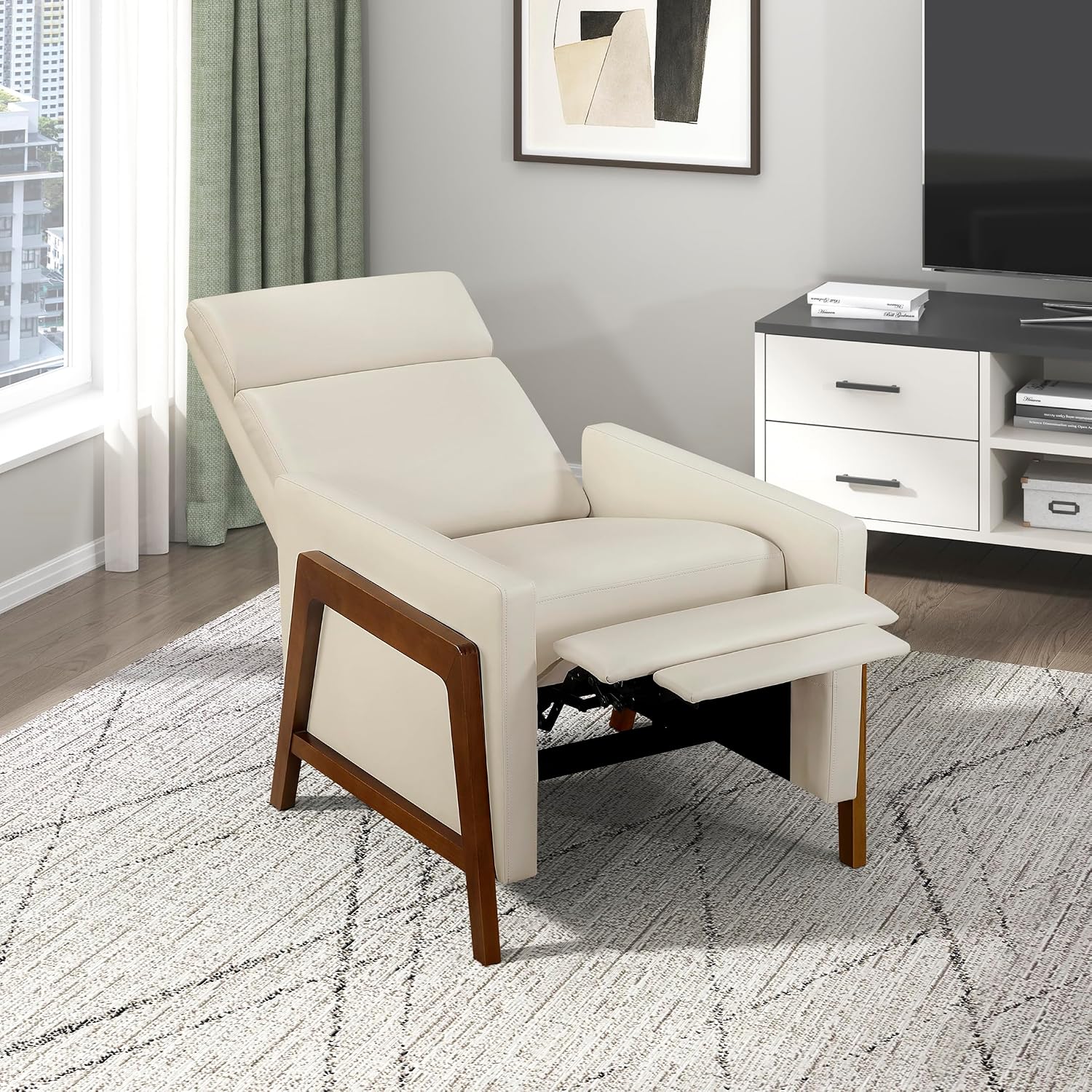 Lexicon Push Back Recliner Chair, Faux Leather Upholstered Reclining Chair with Footrest, Exposed Dark Brown Finish Wood Frame, Small Recliner for Small Space, Living Room, Bedroom, Light Beige