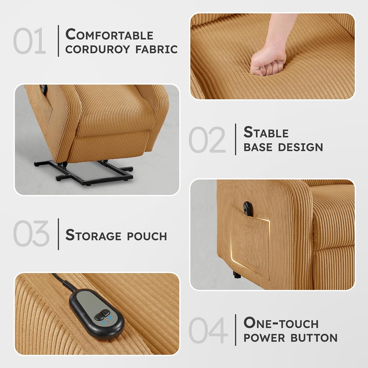 Lexicon Power Lift Recliner Chair for Elderly with Remote Control, Gentle Lift Motion, Side Pocket Armrest, Corduroy Upholstered Electric Recliner for Living Room/Bedroom, Easy Assembly, Yellow