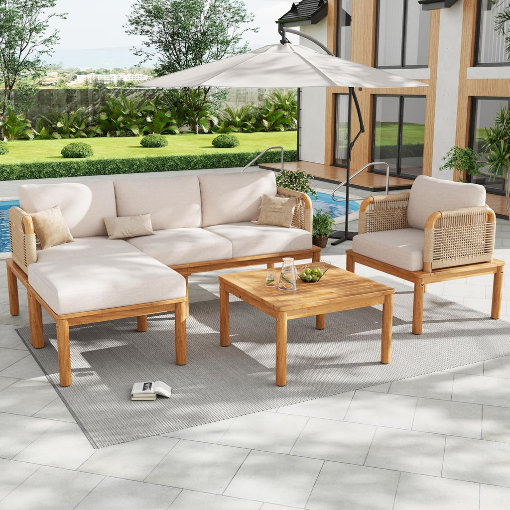 Christopher Knight Home Coby 4-Piece Acacia Wood Patio Furniture Set, Outdoor Conversation Sofa Set with Club Chair, Coffee Table and Ottoman, Patio Sectional Chat Set for Backyard/Balcony, Teak+Beige