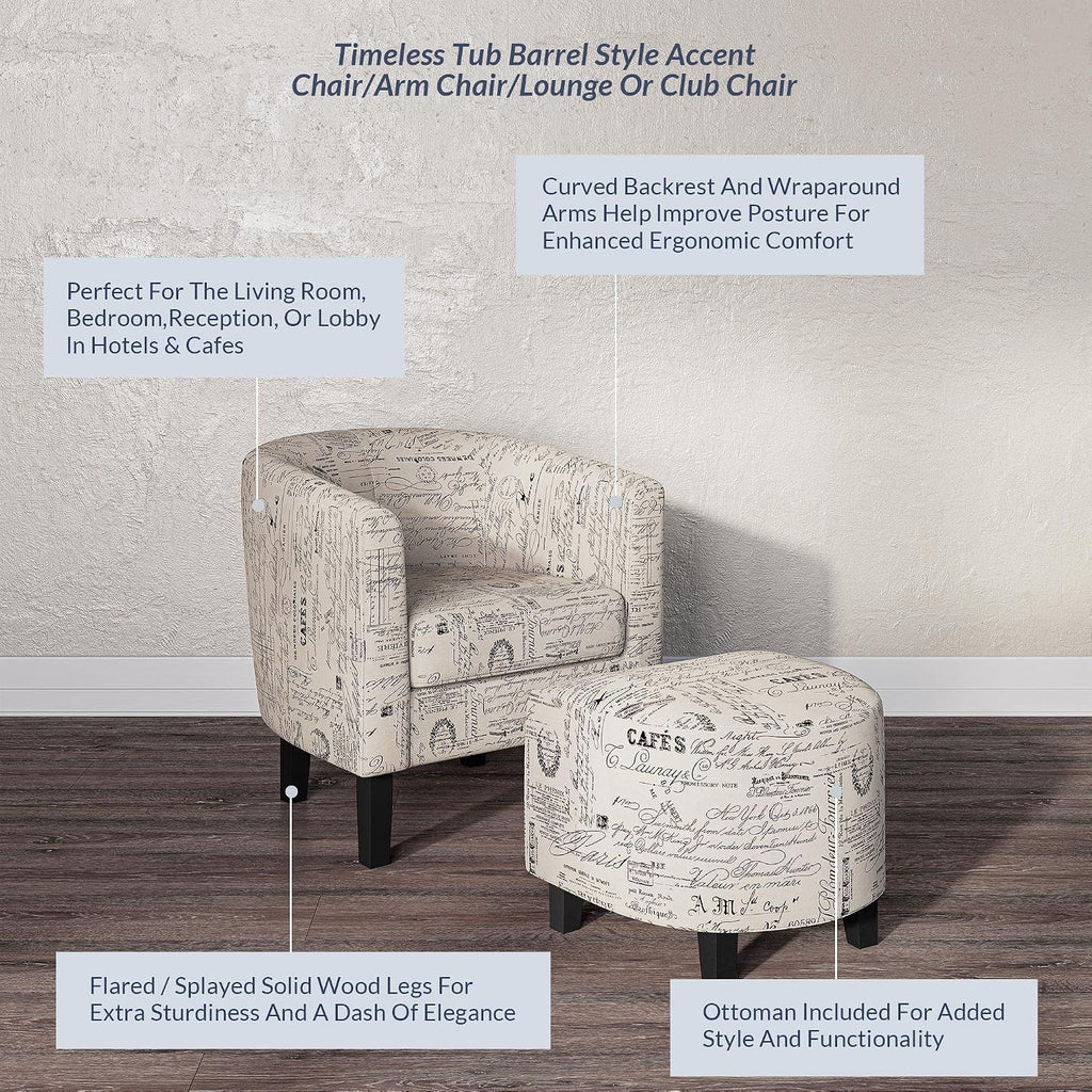 Belleze Accent Tub Chair Curved Back French Print Script Linen Fabric w/ Ottoman Modern Stylish Round Armrest, Beige