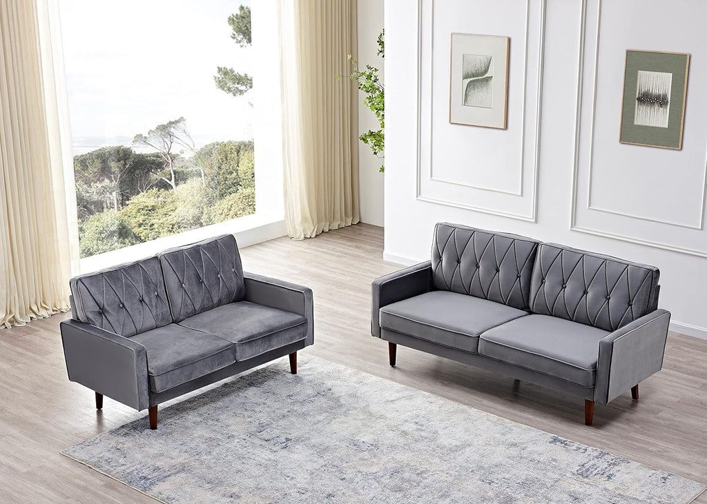 Container Furniture Modern Style Tufted Velvet Couches for Living Room with Soft Fabric Upholstery and Solid Wood Frame, 2 Piece Sofa and Loveseat Set, Grey