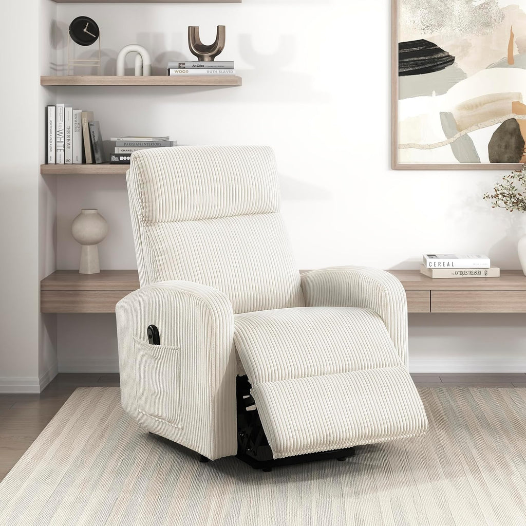 Lexicon Power Lift Recliner Chair for Elderly with Remote Control, Gentle Lift Motion, Side Pocket Armrest, Corduroy Upholstered Electric Recliner for Living Room/Bedroom, Easy Assembly, Beige