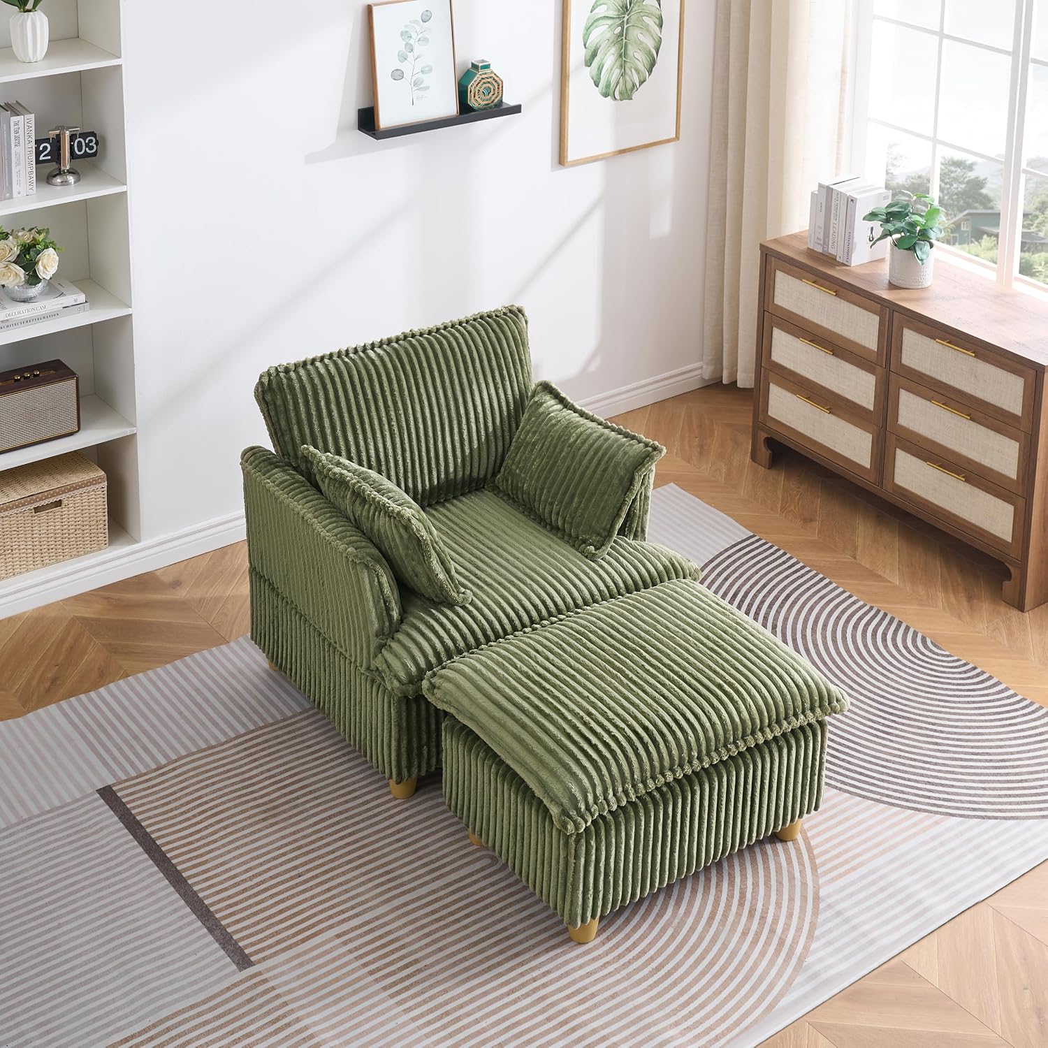 KEIKI Wide Corduroy Sofa Chair with Ottoman, Single Seat Chair Chaise Lounge, Corduroy Sleeper Couch for Living Room, Apartment, Salon, Home Theater, Green