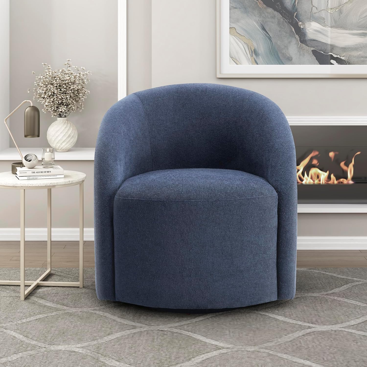 Lexicon 360 Degree Swivel Accent Chair, Boucle Fabric Arm Chair with Metal Swivel Base and Sloped Arms for Living Room/Bedroom/Office, Blue