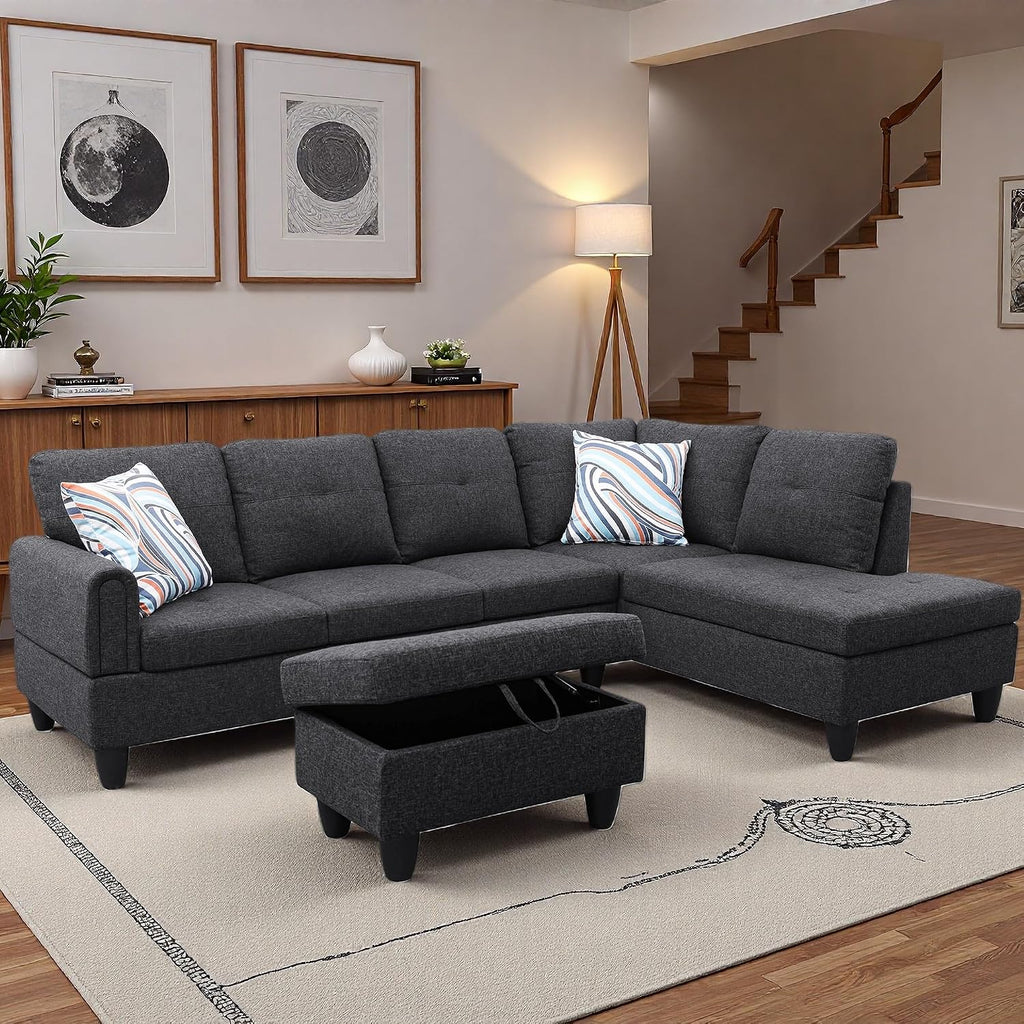 97.5' L Shaped Couch Set, Modular Sectional Couches for Living Room with Storage Ottoman, 4 Seat Home Sofa Living Room Furniture Sets with Chaise for Apartment Office (Linen, Black Grey)