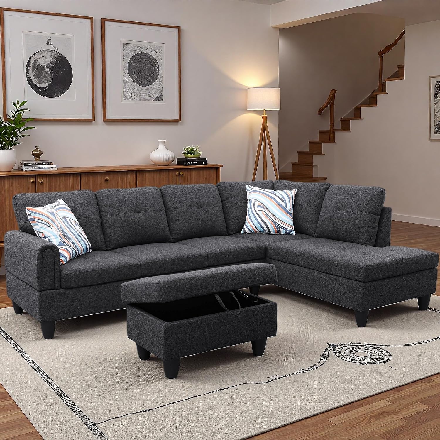 97.5' L Shaped Couch Set, Modular Sectional Couches for Living Room with Storage Ottoman, 4 Seat Home Sofa Living Room Furniture Sets with Chaise for Apartment Office (Linen, Black Grey)