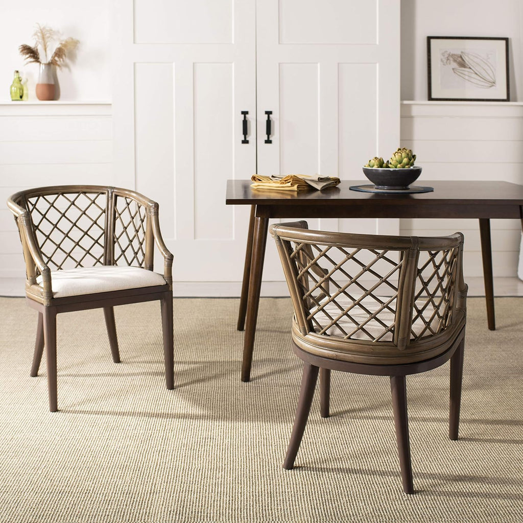 SAFAVIEH Furniture - Carlotta Rattan Arm Chair - Greige & White - Solid Wood - Coastal Open-Arm Design - Ideal for Living Room, Sunroom, Bedroom (SEA4013A)