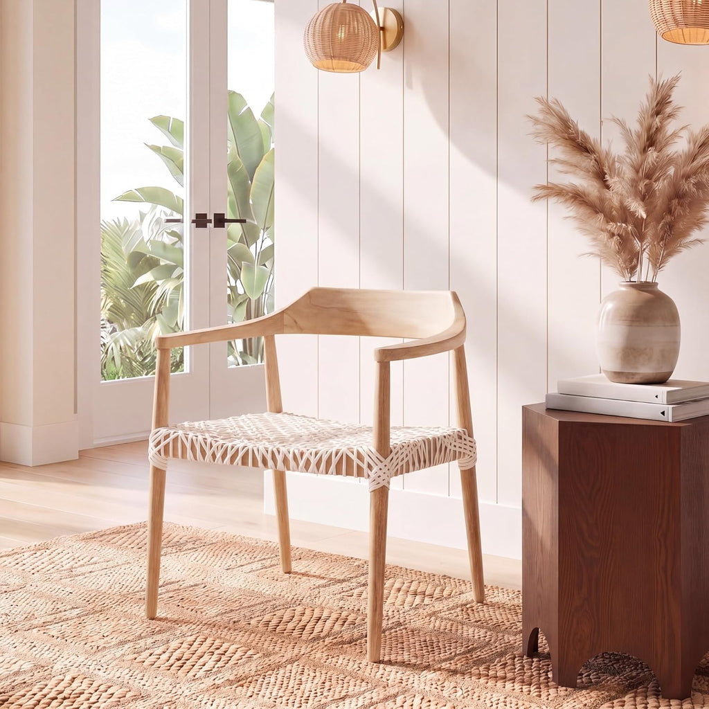 SAFAVIEH Home Collection Munro Natural Teak Wood/White Leather Woven Accent Chair (Fully Assembled)