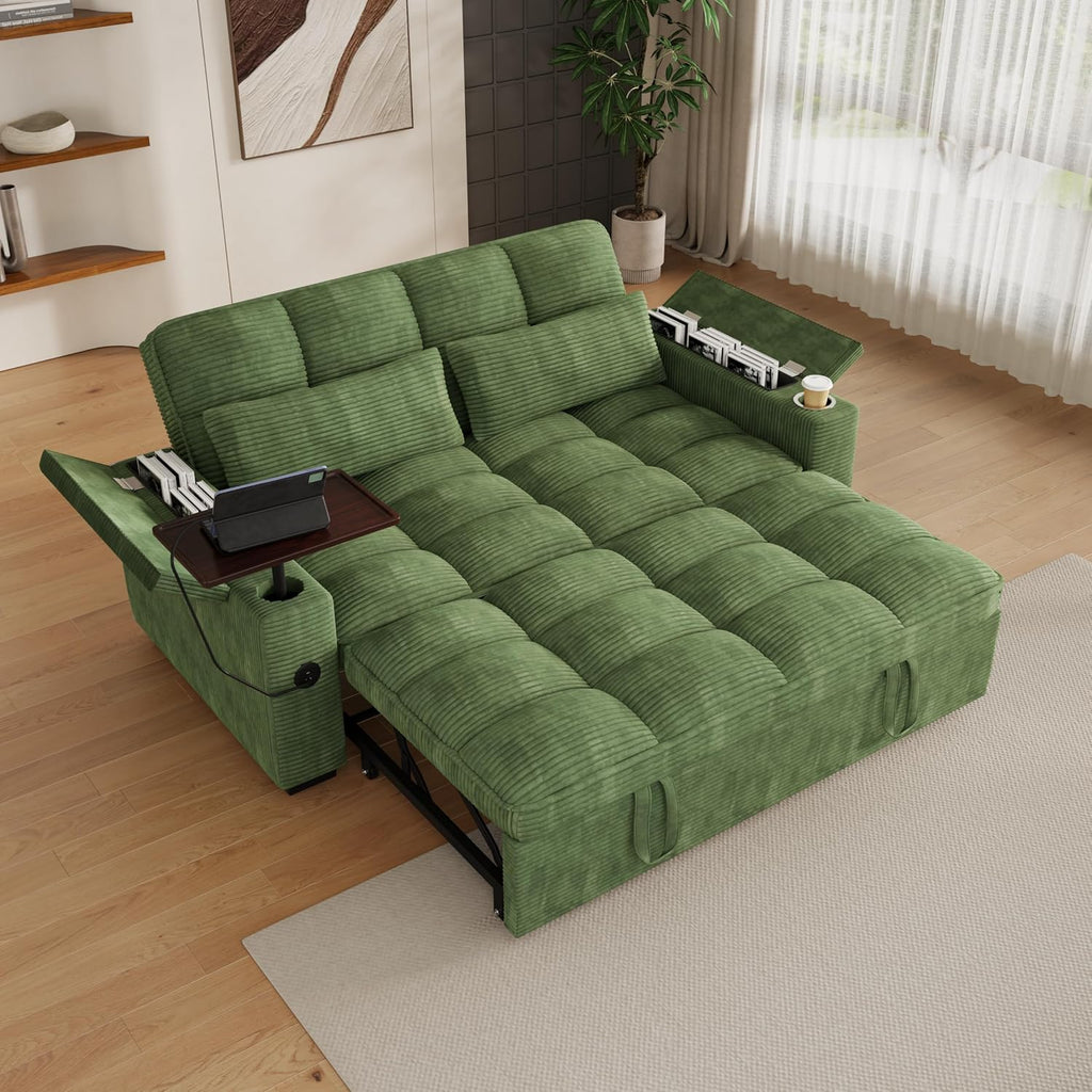 KEIKI 65' 3-in-1 Convertible Sofa Bed, Pull-Out Sleeper Couch with Adjustable Backrest, Corduroy Futon Loveseat with USB Charging Ports & Storage Arms for Guest Rooms, Studios & Small Space Living