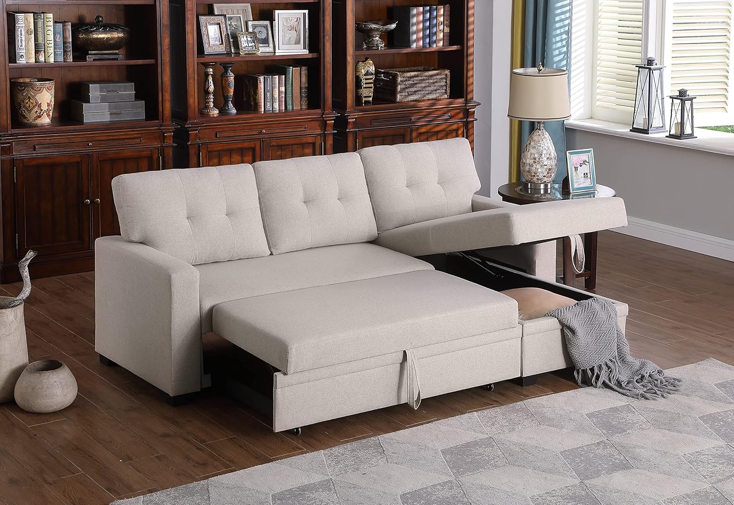 Favfurish 82' L-Shape Reversible Sleeper Sectional Sofa with Pull Out Bed and Storage Chaise,Linen Tufted Upholstery Corner Couch for Living Room, Apartment,Office,Home Furniture Sets,Beige
