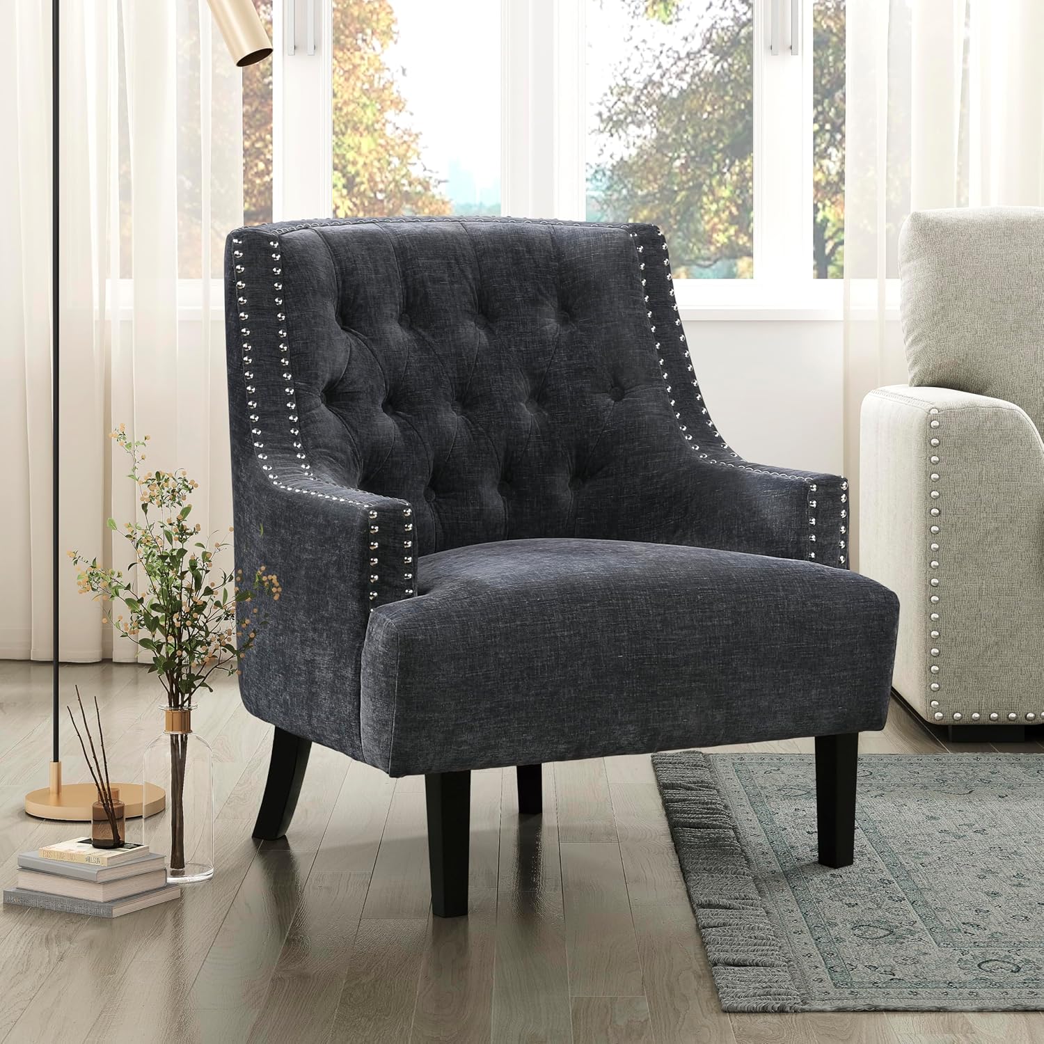 Lexicon Accent Chair Reading Chair Comfy Chair for Bedroom, Upholstered Armchair with Solid Wood Frame, Tufted Cushion Nail Head Trim, Single Sofa Chair for Living Room, Office, Black Chenille