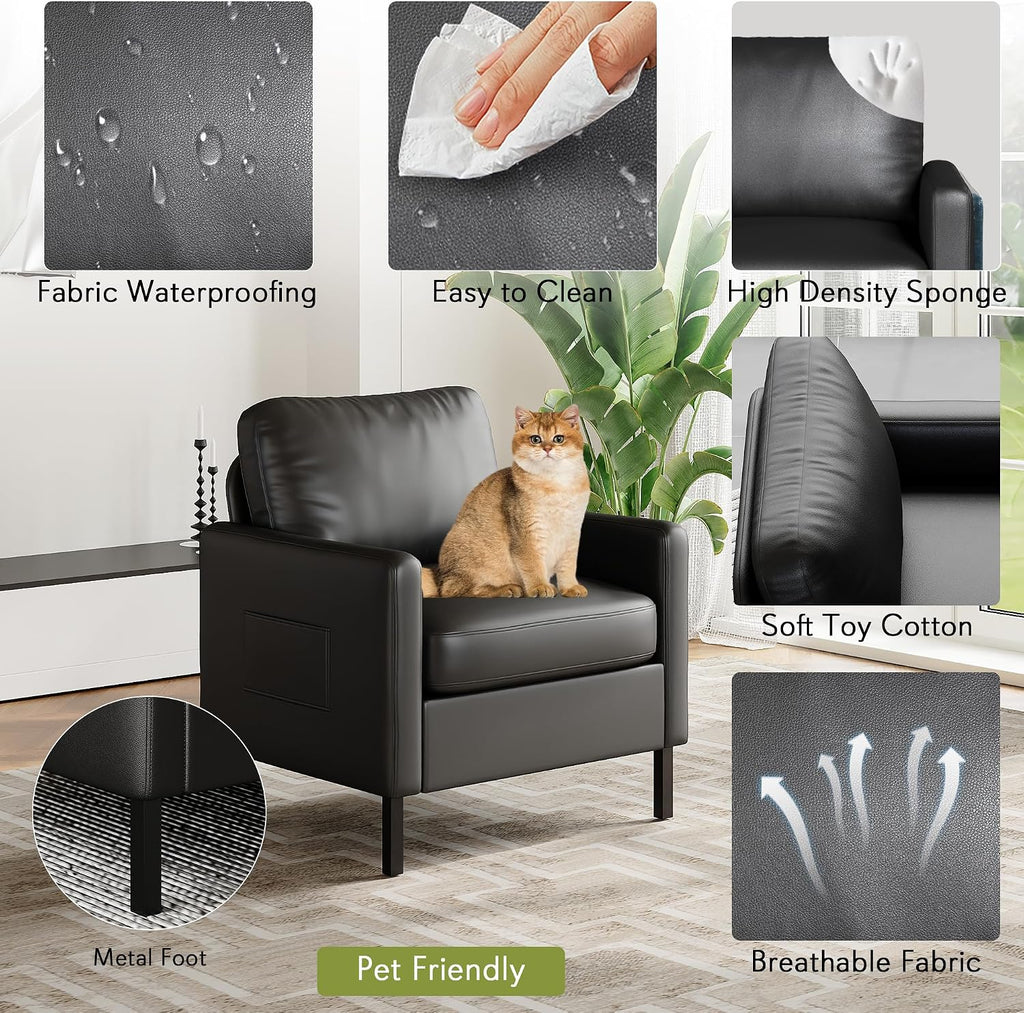 STHOUYN Black Faux Leather Accent Chair with Arms, Modern Small Accent Office Chair, Waiting Room Chairs for Living Room Bedroom with Metal Legs (1, Black)