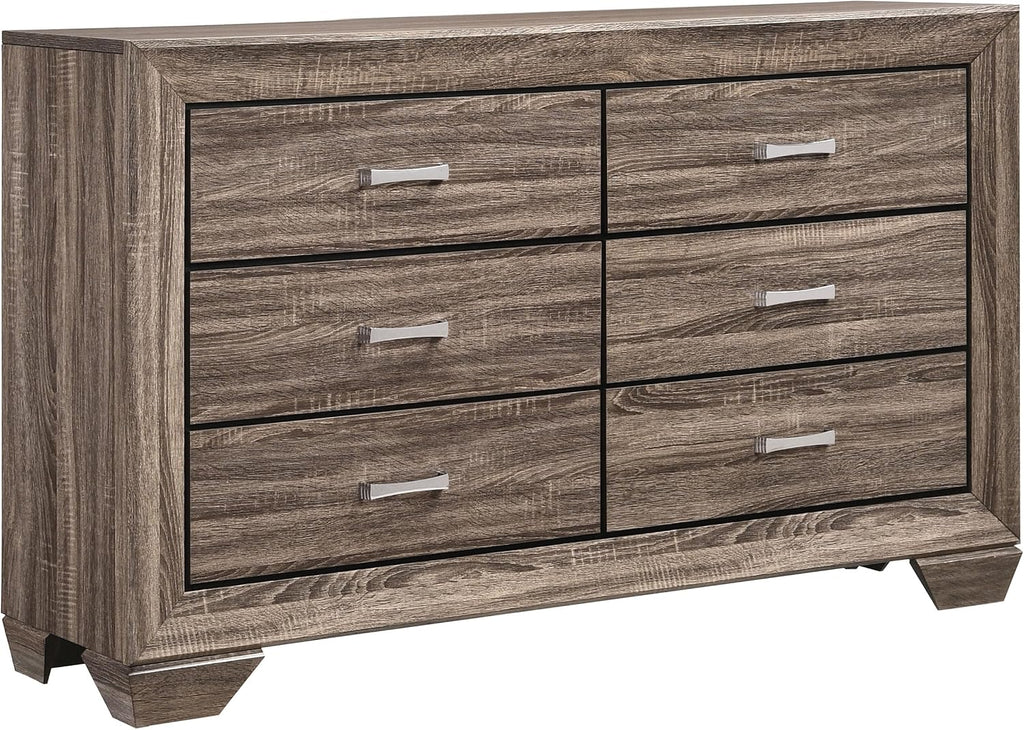 Coaster Home Furnishings - Kauffman - Engineered Wood - 6-Drawer Dresser with Transitional Style, Chrome Bar Pulls, Rectangular Structure, Wood Grain Details - Bedroom - Washed Taupe - 204193